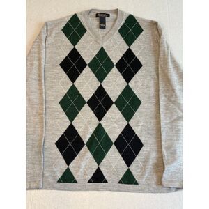 Garret Scott Mens Large V Neck Argyle Long Sleeve Sweater 100% Merino Wool